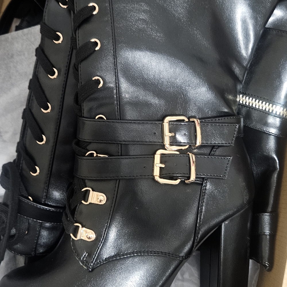 Brand New Shoe Dazzle Black Lace Up Boots with Gold Accents